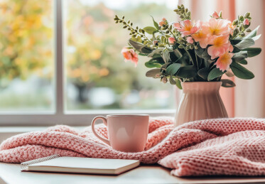 窗户照进室内鲜花与咖啡杯