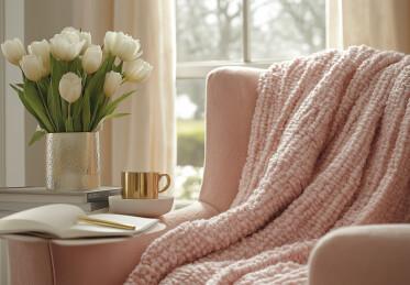 窗户照进室内鲜花与咖啡杯