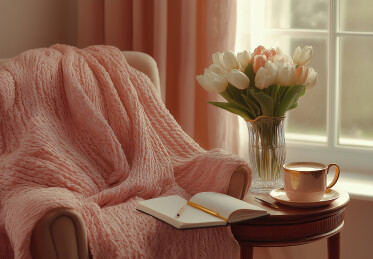 窗户照进室内鲜花与咖啡杯