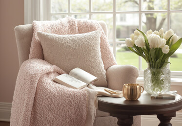 窗户照进室内鲜花与咖啡杯