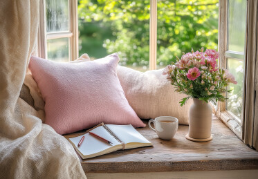 窗户照进室内鲜花与咖啡杯