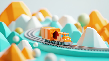 卡通风格的玩具火车在山中行驶