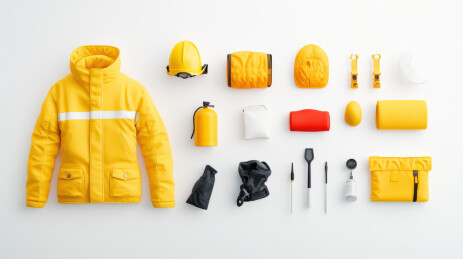 黄色救援装备平铺排列