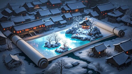 雪夜水墨江南小镇