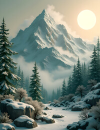 冬季山林松树和雪3D插画图