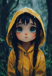 大眼睛女孩穿着黄色雨衣在树林里