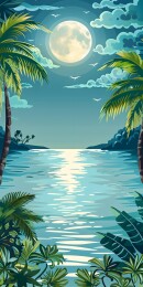 热带夜晚风景，满月和棕榈树