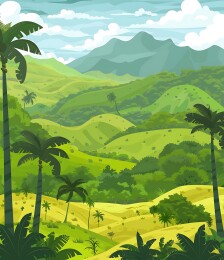 绿色繁茂的热带山脉景观插画