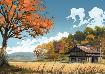 秋天田野旁的小木屋