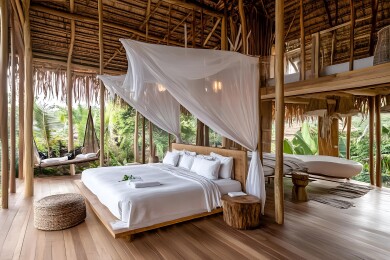 热带雨林竹屋里的四柱床和吊床