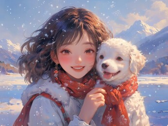 小女孩抱着狗狗取暖的治愈插画