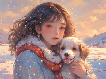 小女孩抱着狗狗取暖的治愈插画