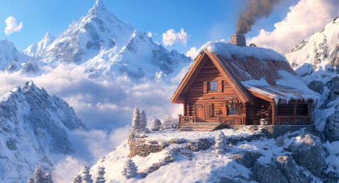 小木屋坐落在雪地里周围是森林和山脉