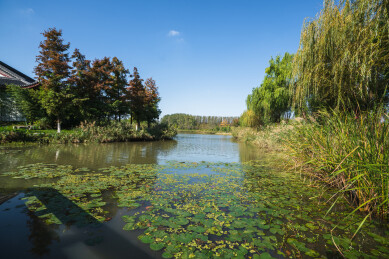 蓝天白云下江苏盐城大洋湾旅游风景区景观