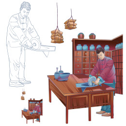 日报风格医药人员在中药药材柜前研磨插画