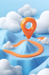 地图上带有指针目的地点的图标的3d插图