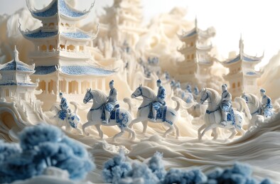 古代士兵骑马的玉雕景观