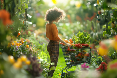 推购物车买菜的家庭主妇