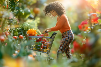 推购物车买菜的家庭主妇