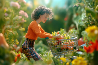 推购物车买菜的家庭主妇