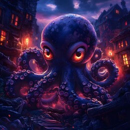 暗黑风格深海章鱼怪兽与幽灵船的插画壁纸
