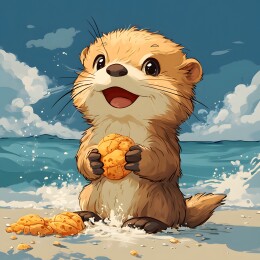 卡通海滩上的呆萌猫鼬头像潮流插画图案