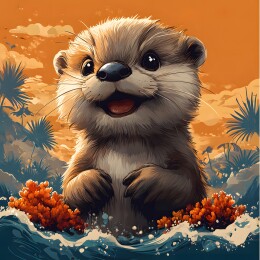卡通海滩上的呆萌猫鼬头像潮流插画图案