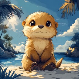 卡通海滩上的呆萌猫鼬头像潮流插画图案