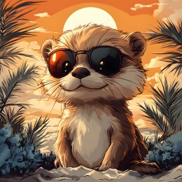 卡通海滩上的呆萌猫鼬头像潮流插画图案