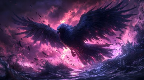 美式暗黑风格黑色乌鸦神鸟展翅飞翔的壁纸