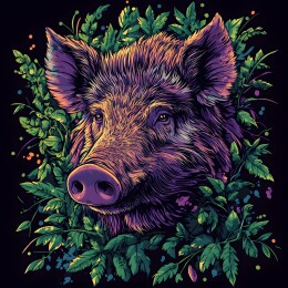 矢量风格被花环浆果围绕的野猪头像插画