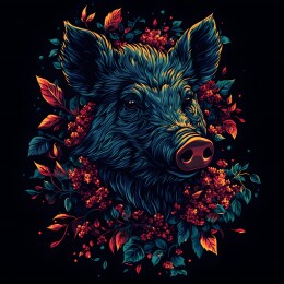 矢量风格被花环浆果围绕的野猪头像插画