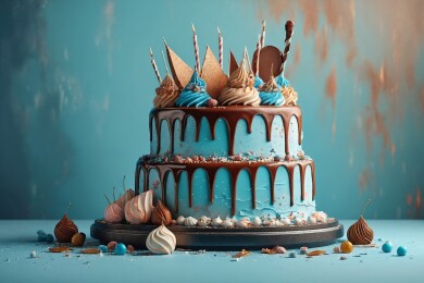 淋有巧克力细雨的生日蛋糕