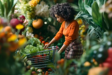 推购物车买菜的家庭主妇