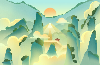 湖南省张家界天门山日出日落山川插画