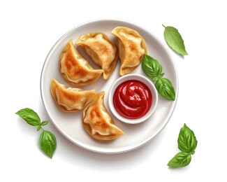 盘子里的饺子和番茄酱插画特写