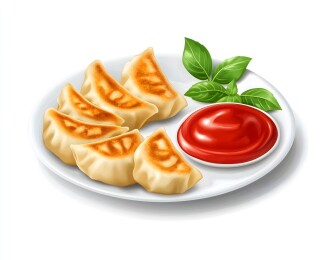 盘子里的饺子和番茄酱插画特写