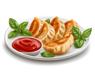 盘子里的饺子和番茄酱插画特写