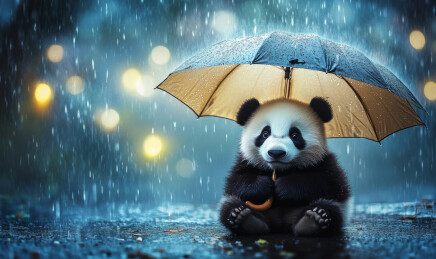 一张卡通手绘图里一只小熊猫撑着一把雨伞