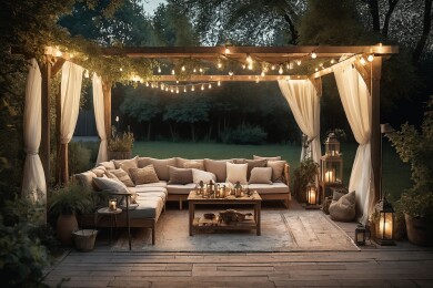 带串灯和灯笼的舒适户外生活空间