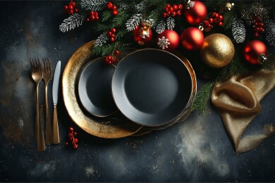 带有黑色盘子和金色口音的圣诞餐桌设置主题
