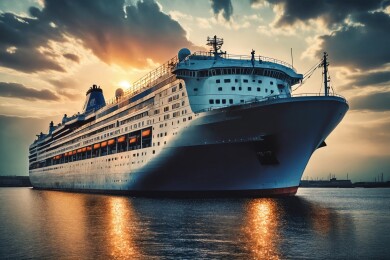 平静的水面上的日落游轮主题