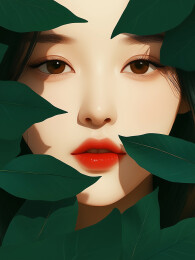 绿叶点缀化着淡妆的女孩