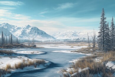 冬天被冰雪覆盖的山麓森林