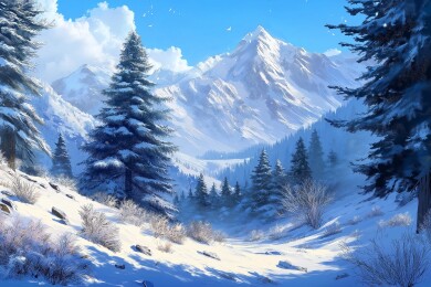 冬天被冰雪覆盖的山麓森林