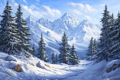 冬天被冰雪覆盖的山麓森林