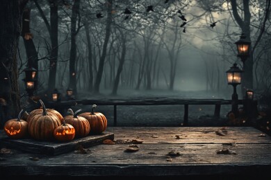 晚上森林里木桌上的万圣节南瓜主题