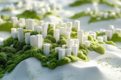 绿色生态现代城市模型沙盘3D卡通立体插画