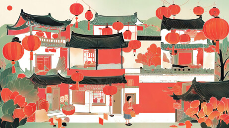 元宵节挂满灯笼的乡村住宅