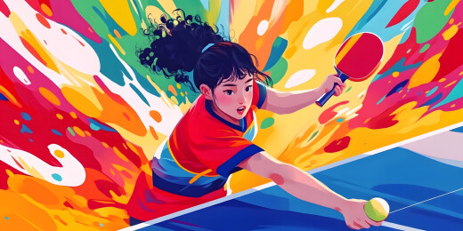 女生打乒乓球水彩插画